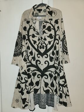 Boho Black & Cream Hi/Lo Tunic Dress - Lightweight Women's Top